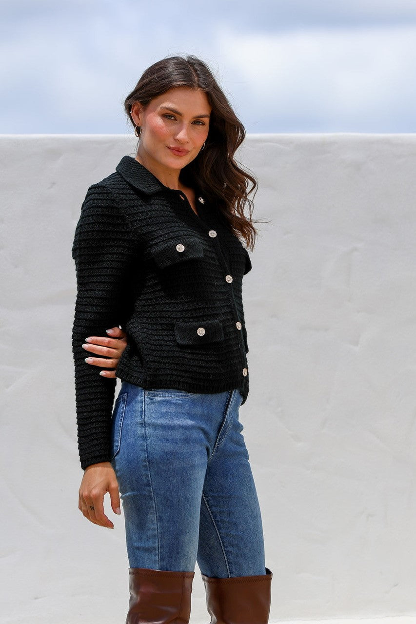 Black Button Up Cardigan with Ornate Buttons