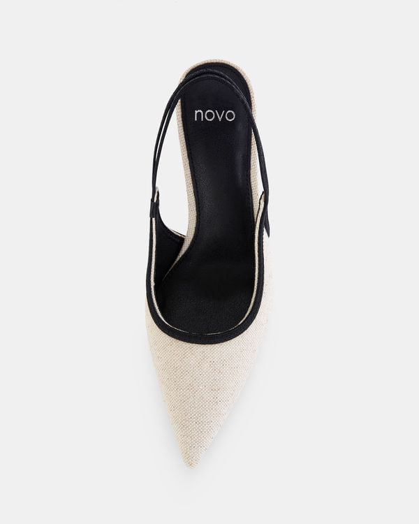 NOVO SHOES - Heeled Sling back with contrasting Linen and Black colour palette