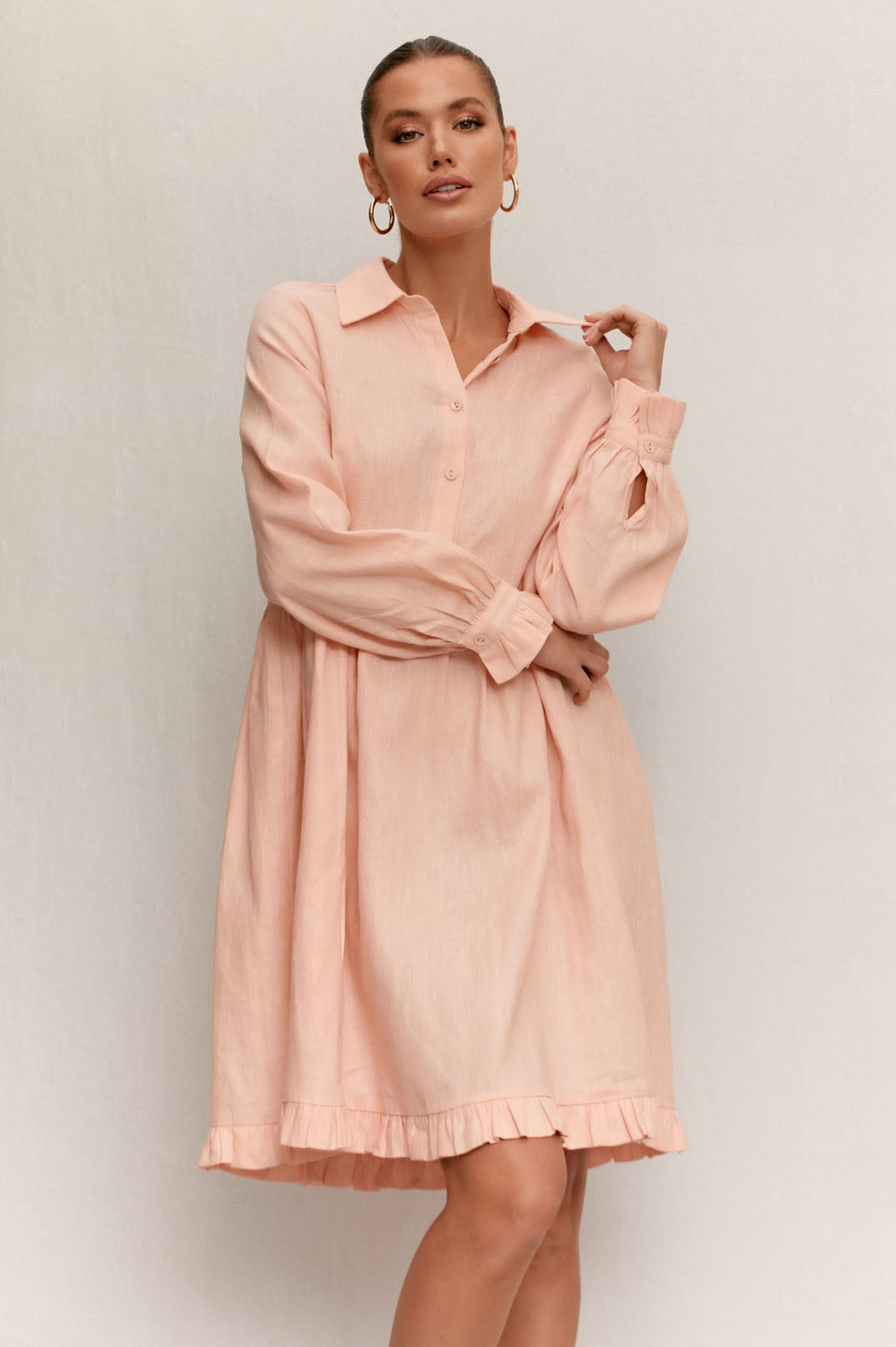 Adorne - Amina Ruffle Button up Front Linen Dress