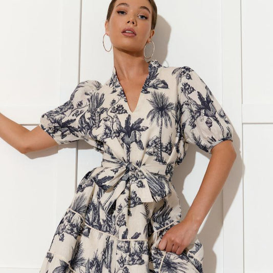 Navy Linen Toile  Dress -Only two left - Size 14 and 16 now on sale
