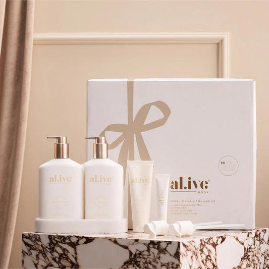 al.ive - The Icon Set in Mango & Lychee - Was, Lotion, Hand Cream and Lip Butter