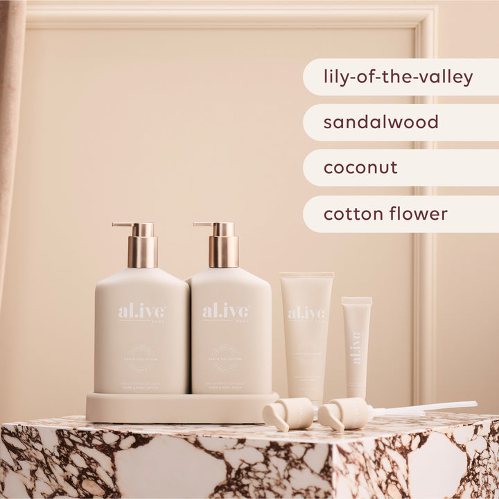 al.ive - The Icon Set - Sea Cotton and Coconut Wash, Lotion, Hand Cream and Tinted Lip Butter