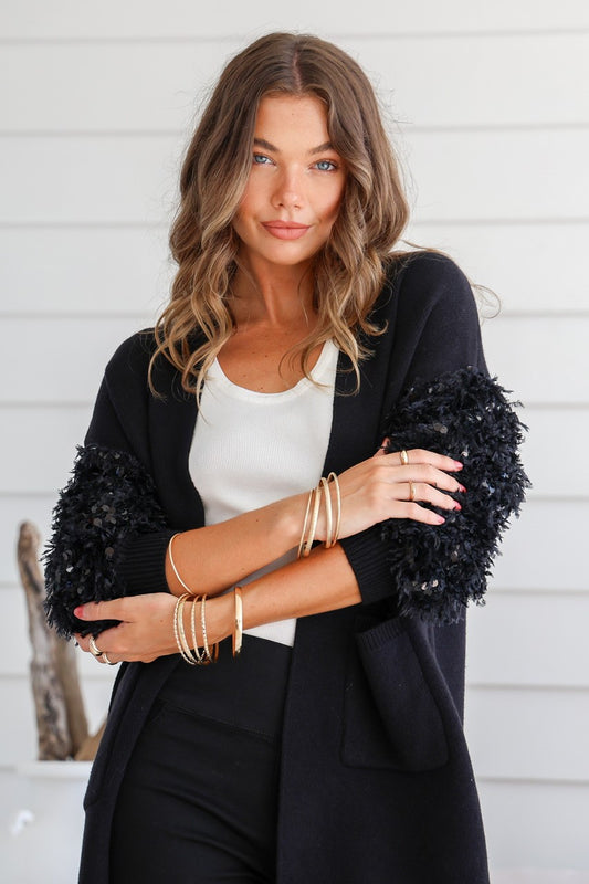 Black Cardigan with Sequin detail on the Sleeves