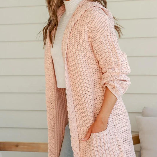 Chunky Plait Pale Pink Wool Blend Hooded Cardigan