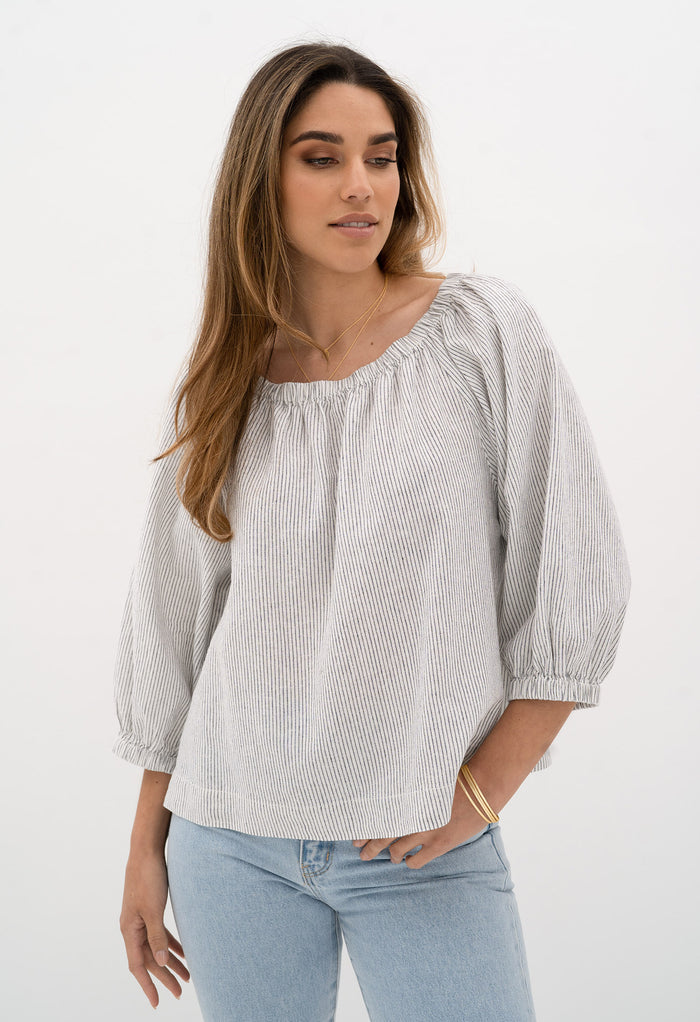 The Voyage Blouse in Navy and White Stripe by Humidity