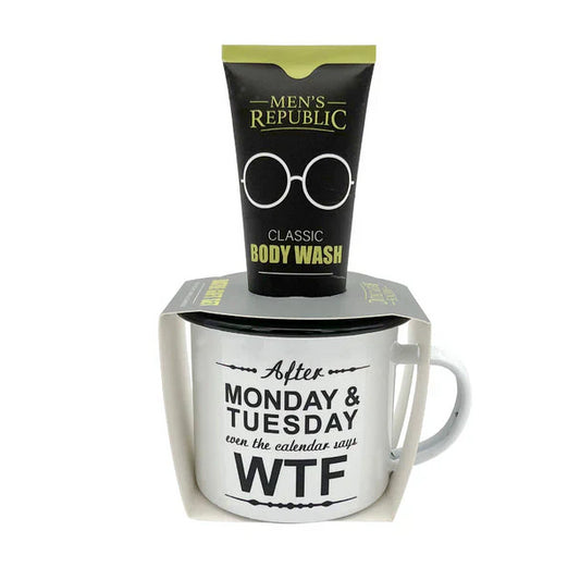 Men's White Enamel Mug Set with Body Wash