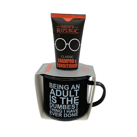 Men's Black Enamel Mug Set with all in one Shampoo and Conditioner