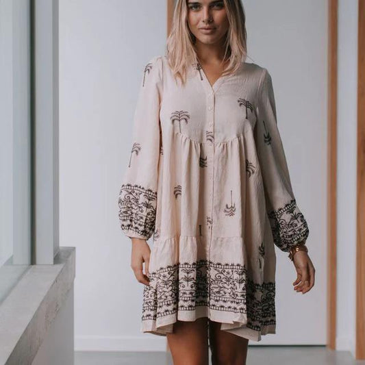 Embroidered Palm Tree Design Balloon sleeve Dress - Latte /Black