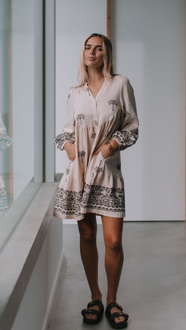 Embroidered Palm Tree Design Balloon sleeve Dress - Latte /Black