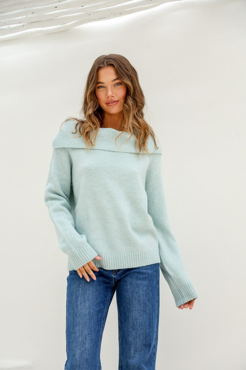 Off shoulder knit in Latte, Pink and Seafoam.