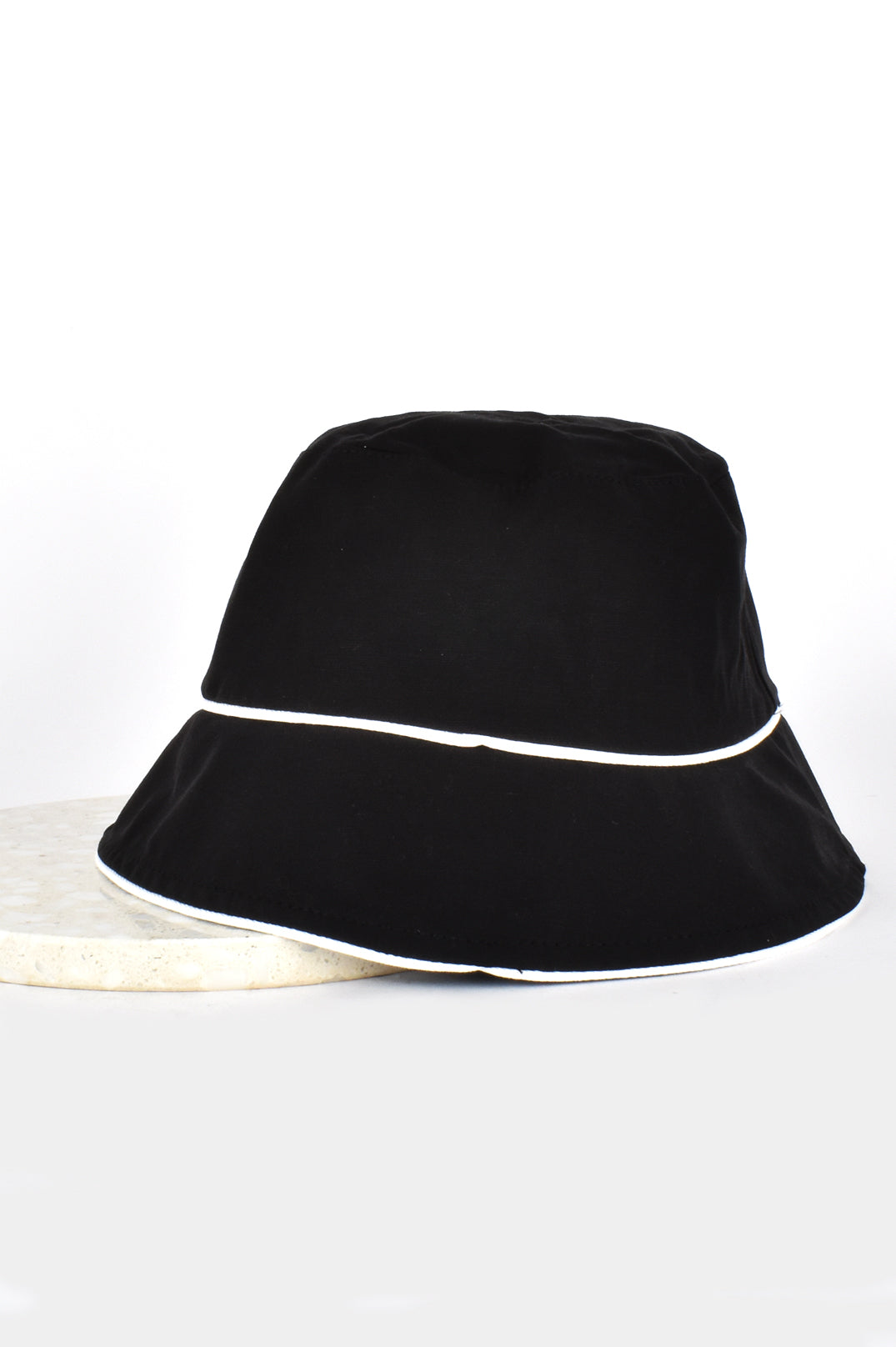 Contrast Trim Black Fabric Sun Hat with white Trim detail.
