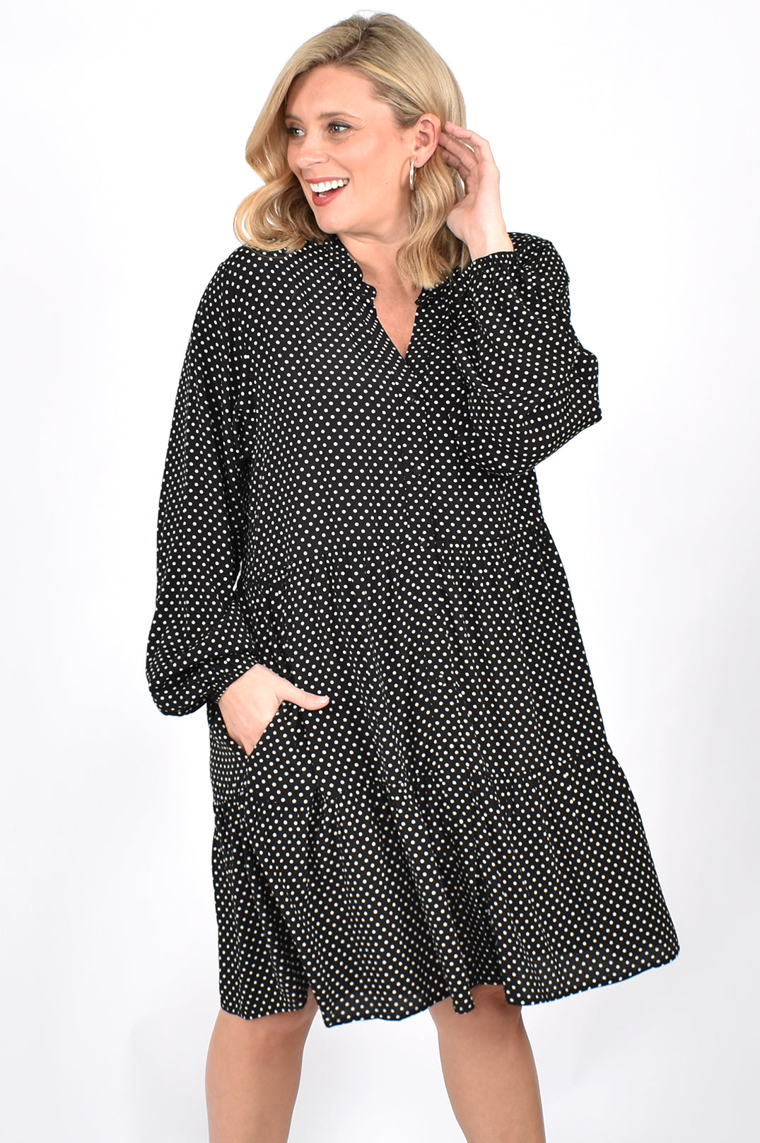 Millie Throw on Dress - Black with White Spots - sammi