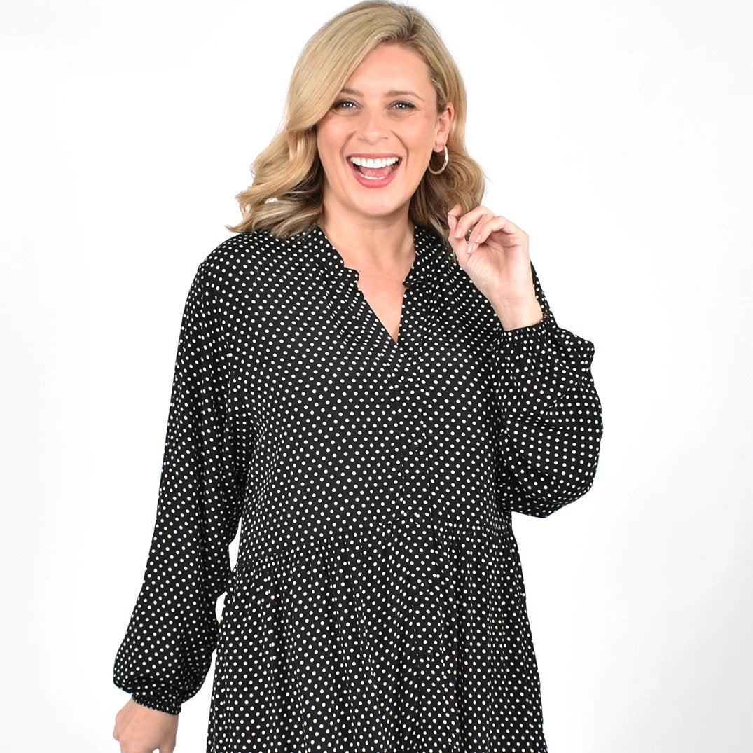 Millie Throw on Dress - Black with White Spots - sammi
