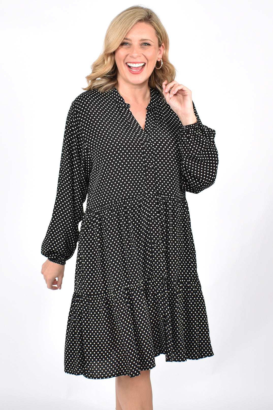 Millie Throw on Dress - Black with White Spots - sammi