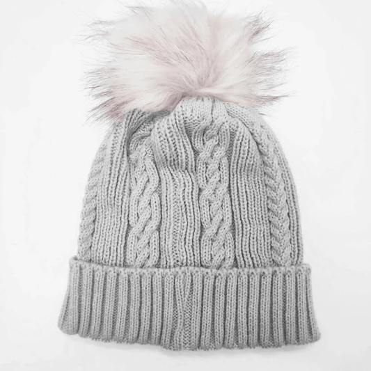 Hat - Cable Knitted Beanie with fur pom pom available in two colours. - sammi