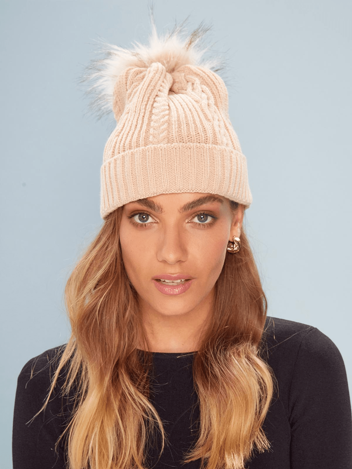 Hat - Cable Knitted Beanie with fur pom pom available in two colours. - sammi