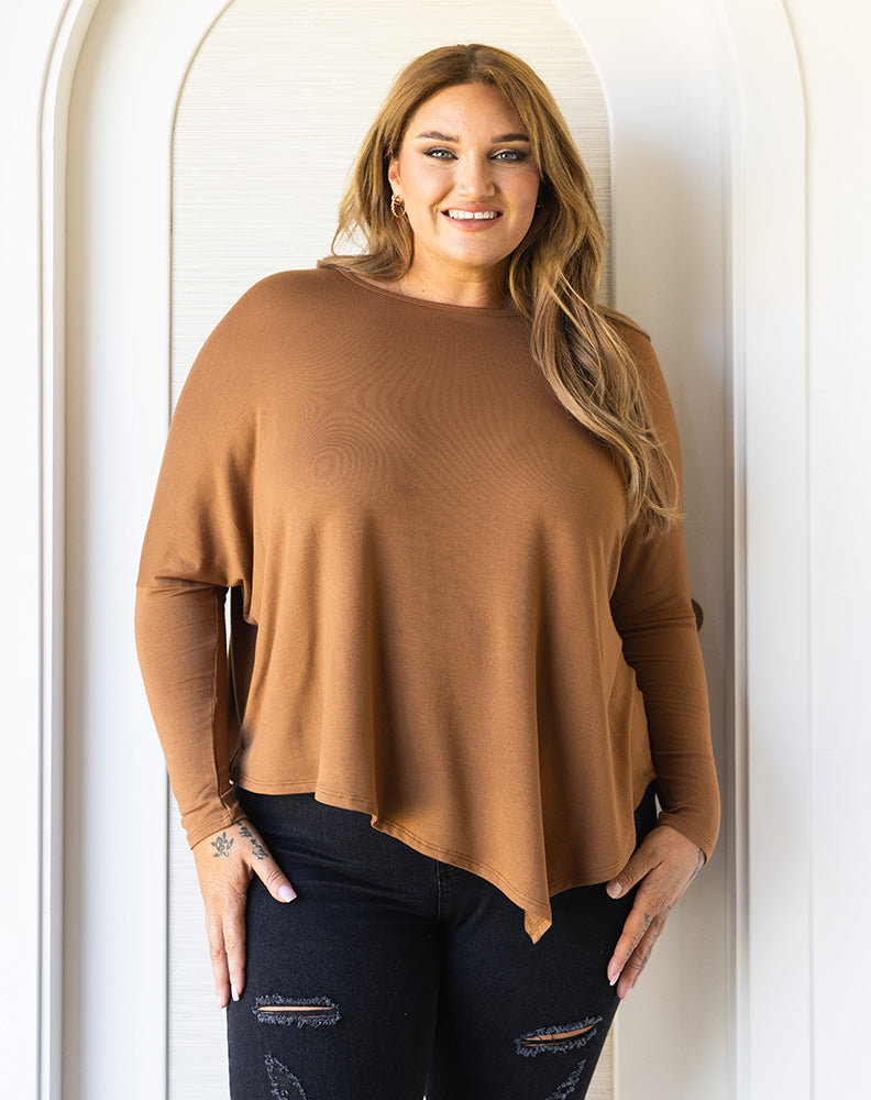 Asymmetrical Top in Tan and White.