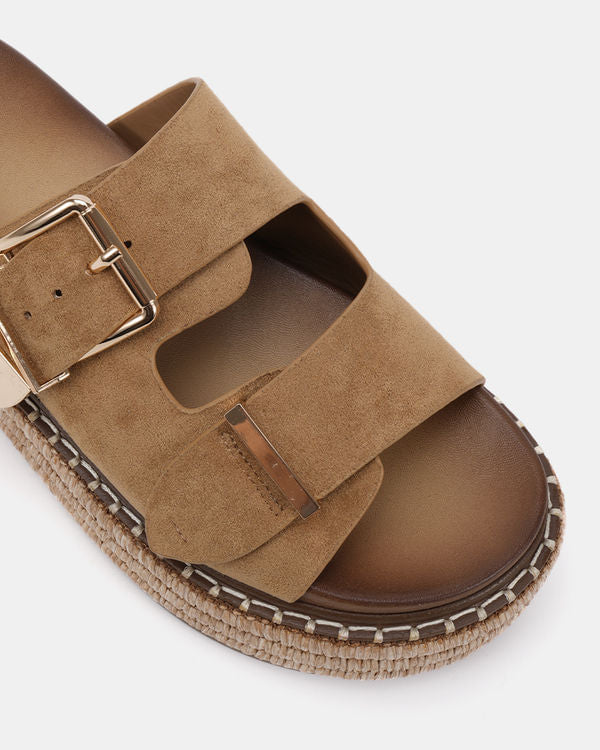 NOVO SHOES - Sazkia Flat Form Slide in Sand Suede