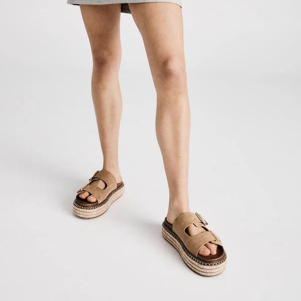 NOVO SHOES - Sazkia Flat Form Slide in Sand Suede