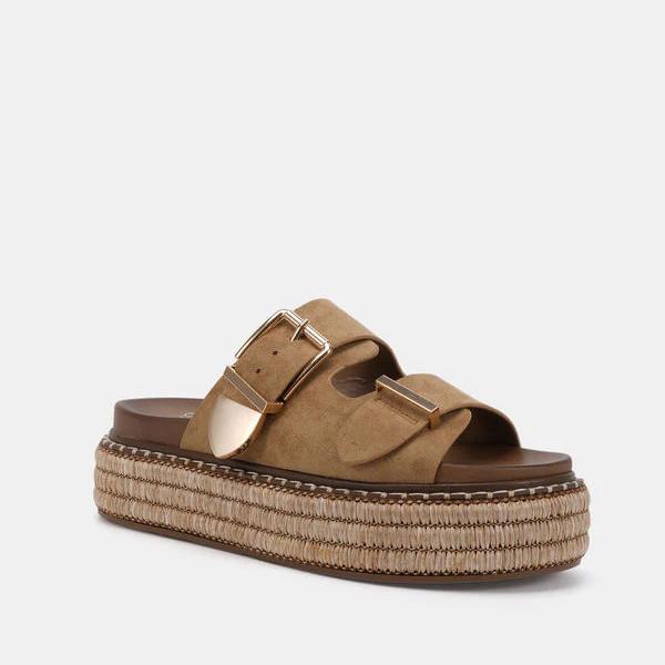 NOVO SHOES - Sazkia Flat Form Slide in Sand Suede