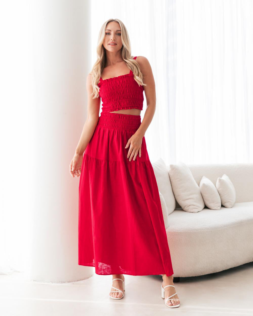 Long Red skirt with side pockets and Shirred Top with adjustable straps Set.