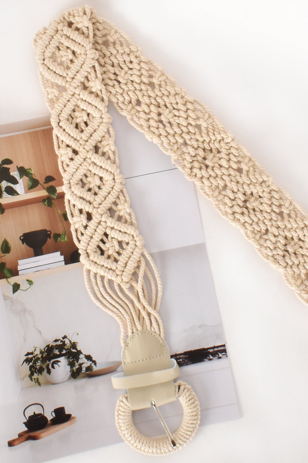 Cream Macrame Diamond Weave Belt