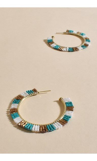 Gold and Turquoise Beaded Panel Hoop Earrings