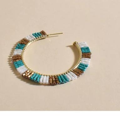 Gold and Turquoise Beaded Panel Hoop Earrings