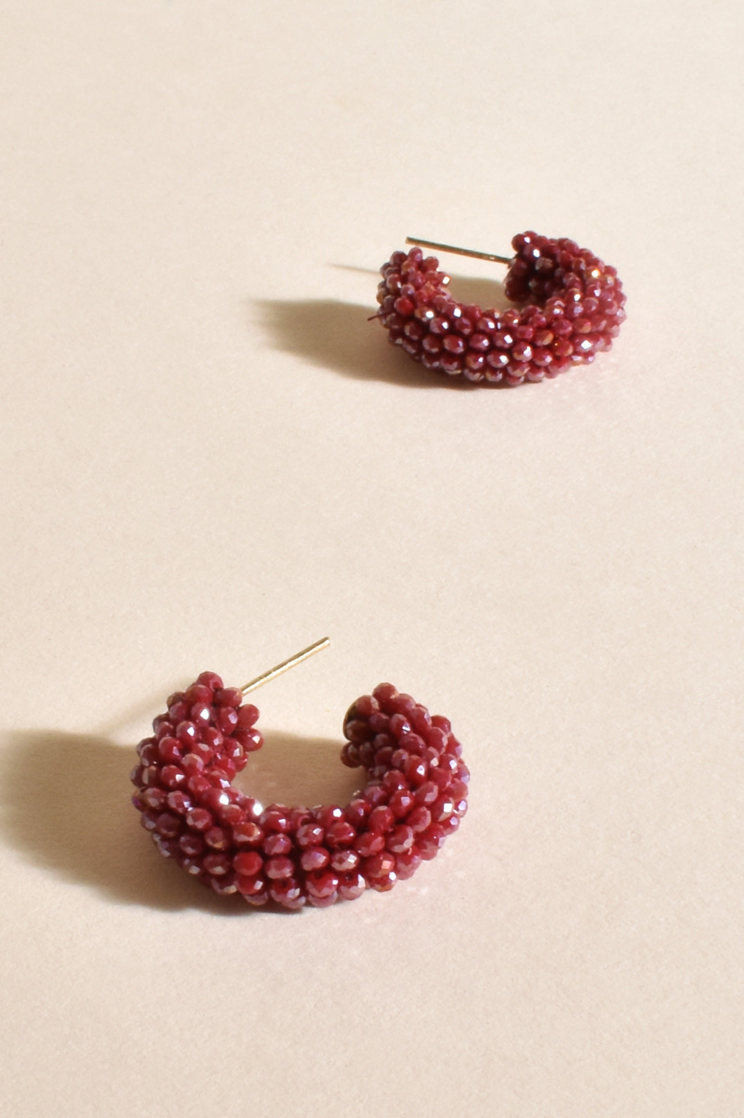 Beaded Cocktail style Hoop Earrings in Raspberry