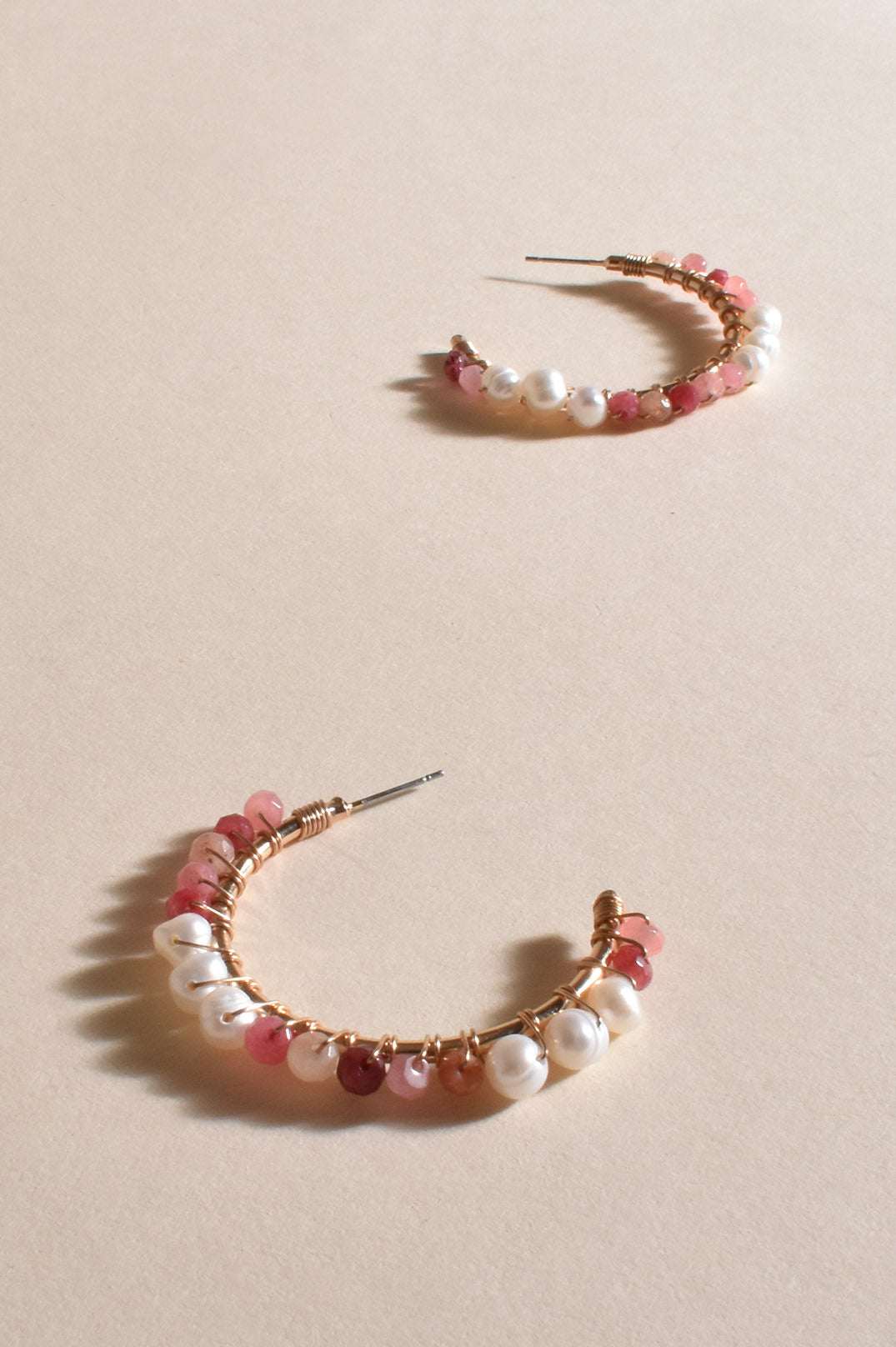 Mini Cream and Pink  Stone Hoop Earrings