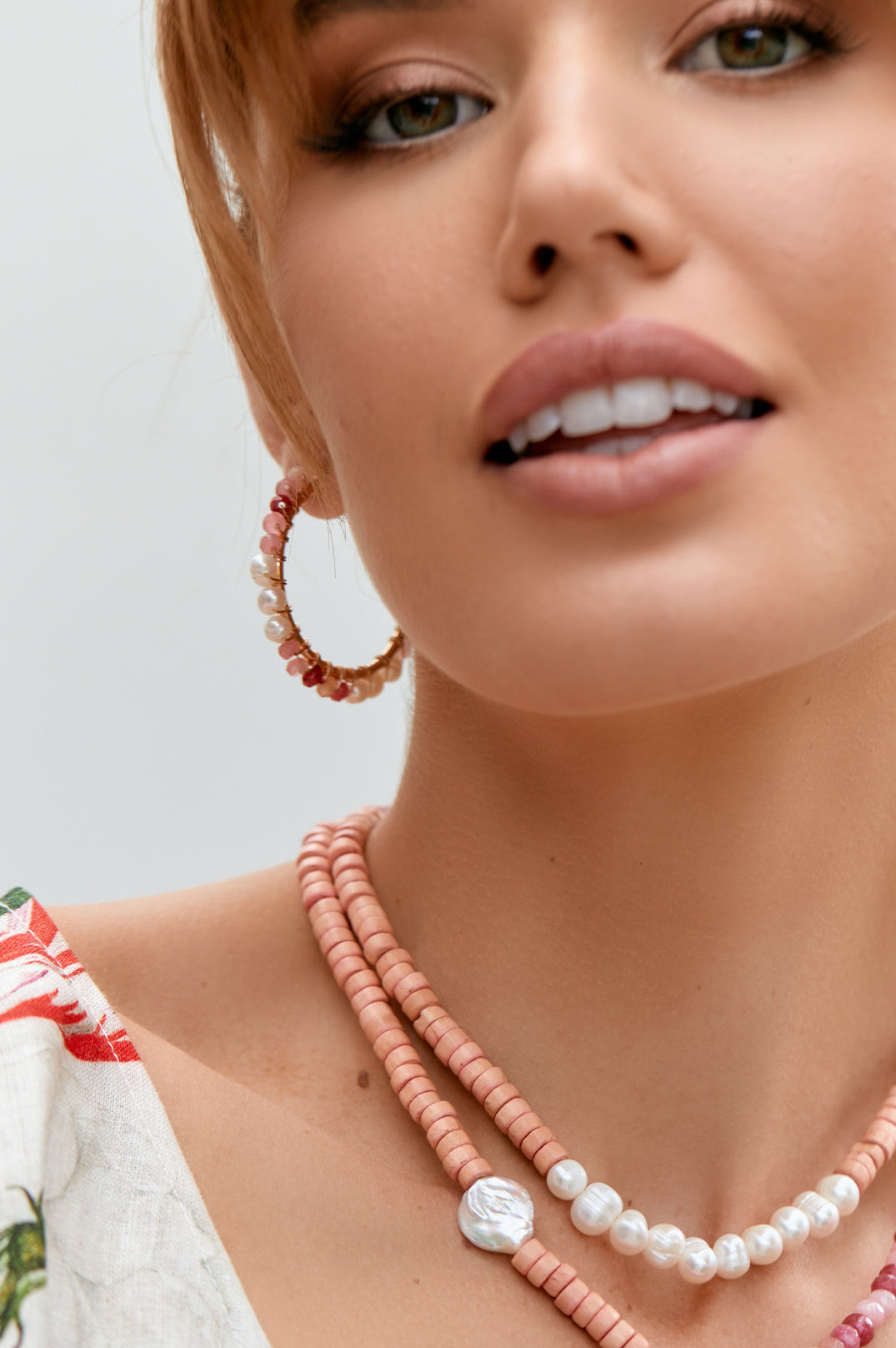 Mini Cream and Pink  Stone Hoop Earrings