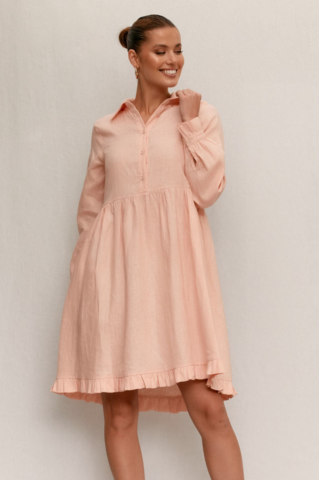 Adorne - Amina Ruffle Button up Front Linen Dress