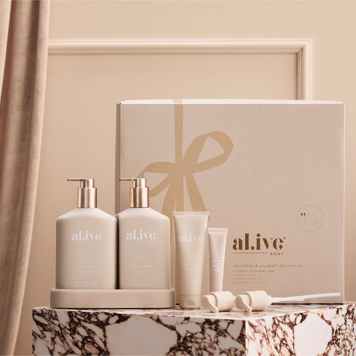 al.ive - The Icon Set - Sea Cotton and Coconut Wash, Lotion, Hand Cream and Tinted Lip Butter