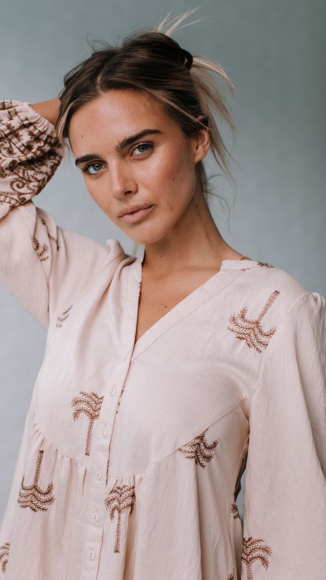 Embroidered Palm Tree Design Balloon sleeve Dress - Latte /Black