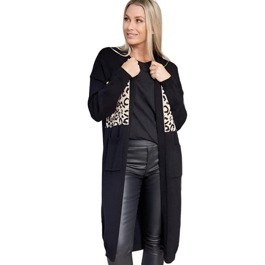 Cleo Long Line Knit Cardigan in black with Cheetah print  detail.