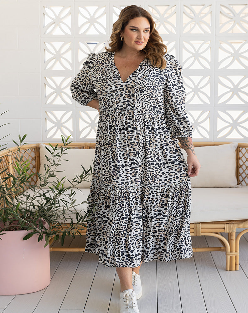 The Delilah Dress in Animal Print Maxi length and generous fit for super comfort wear.