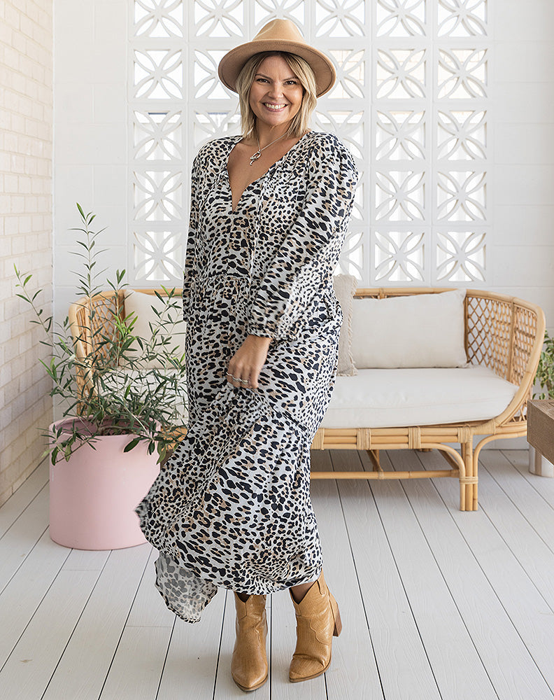 The Delilah Dress in Animal Print Maxi length and generous fit for super comfort wear.