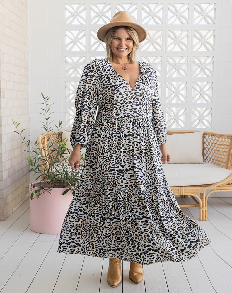 The Delilah Dress in Animal Print Maxi length and generous fit for super comfort wear.