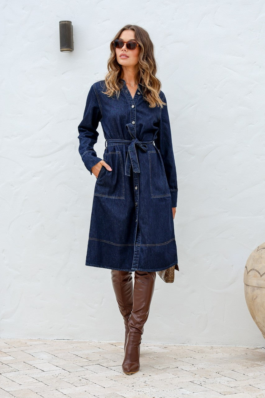 Long sleeve button up denim Dress with side pockets.