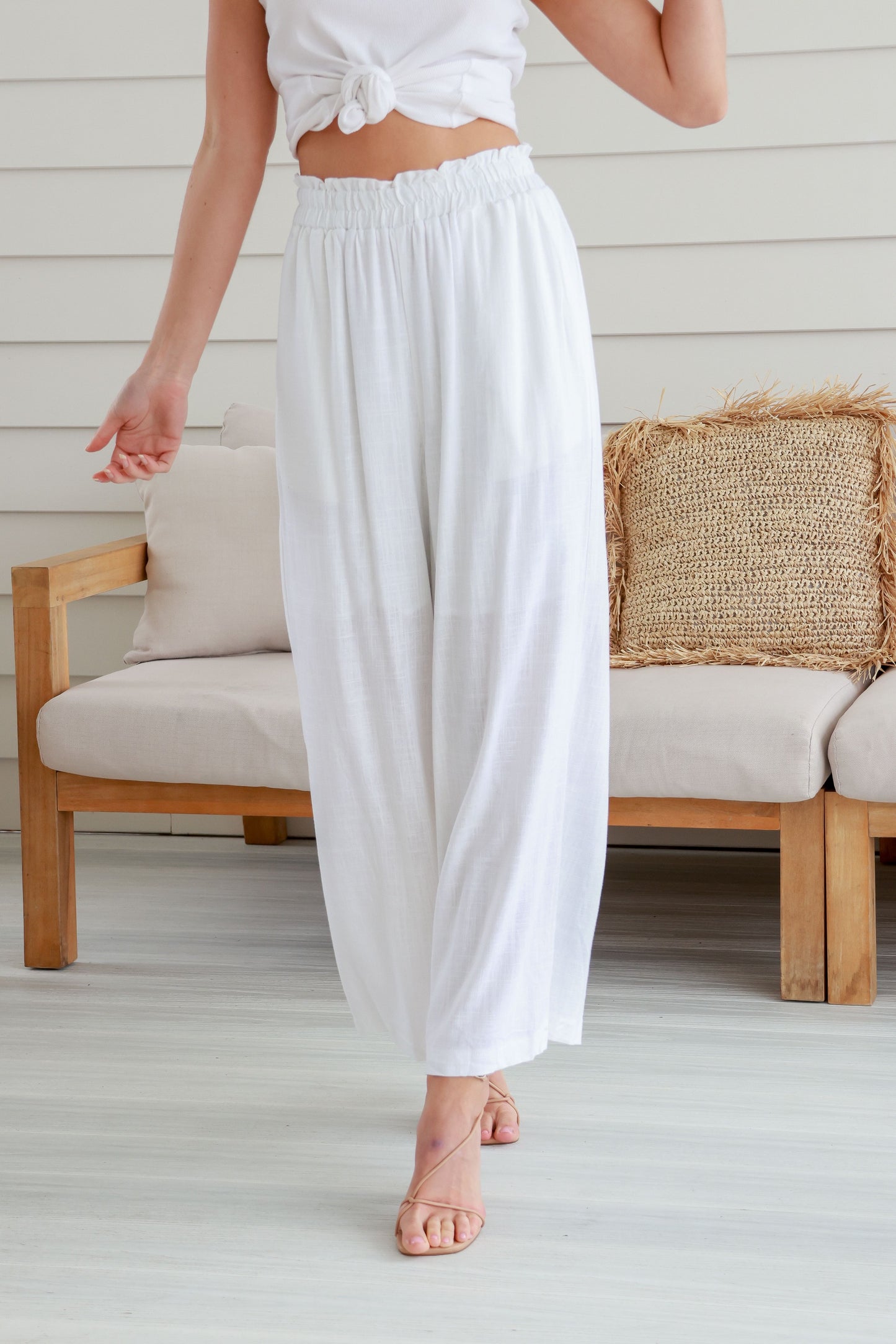 Wide Leg Pull on White Linen Pants with Side Pockets by Miracle