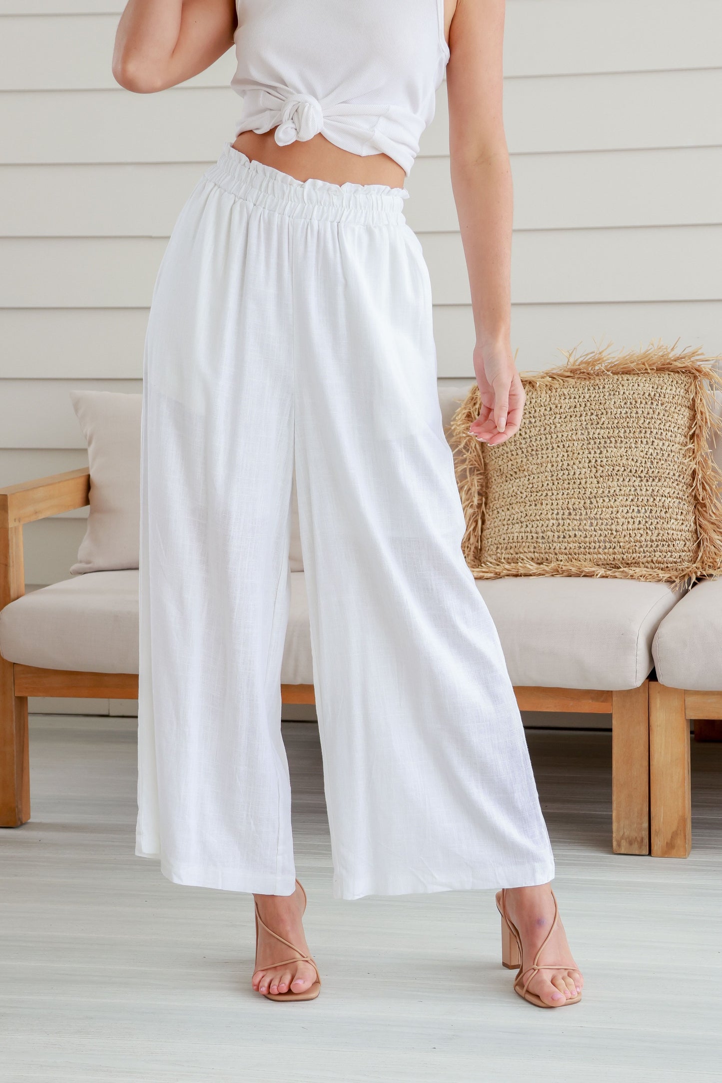 Wide Leg Pull on White Linen Pants with Side Pockets by Miracle