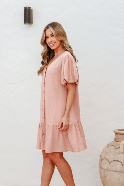 Puff Sleeve Linen Drop Hem Dress in Black, Pink and Soft Khaki by Grace & Co