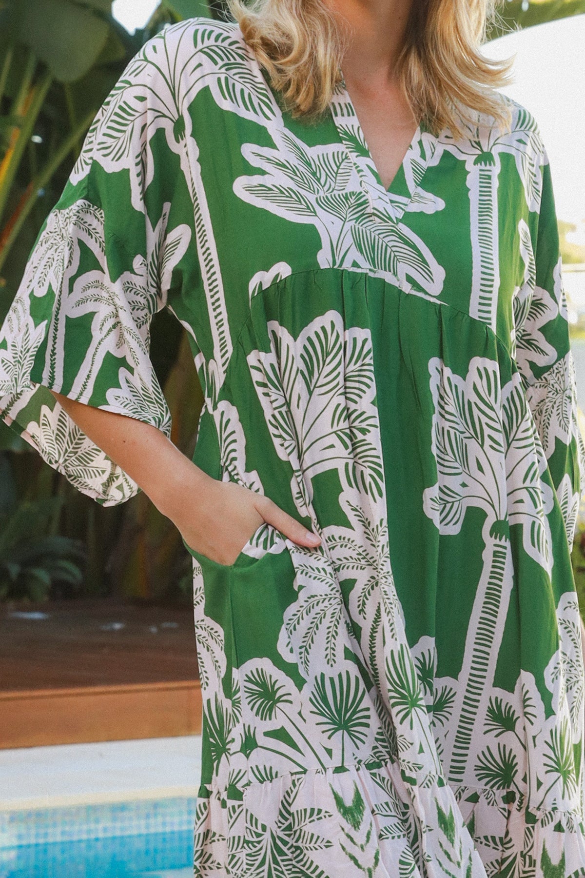 Green and White Tropical Print Rayon Dress with Side Pockets