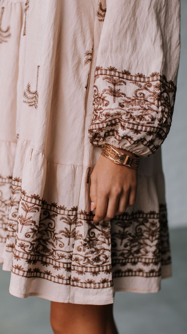 Embroidered Palm Tree Design Balloon sleeve Dress - Latte /Black