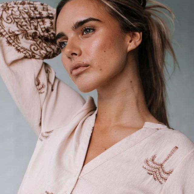 Embroidered Palm Tree Design Balloon sleeve Dress - Latte /Black