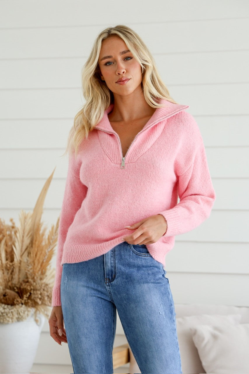 Zip front Knit in Blue, Pink and Mocha