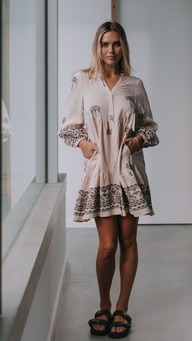 Embroidered Palm Tree Design Balloon sleeve Dress - Latte /Black