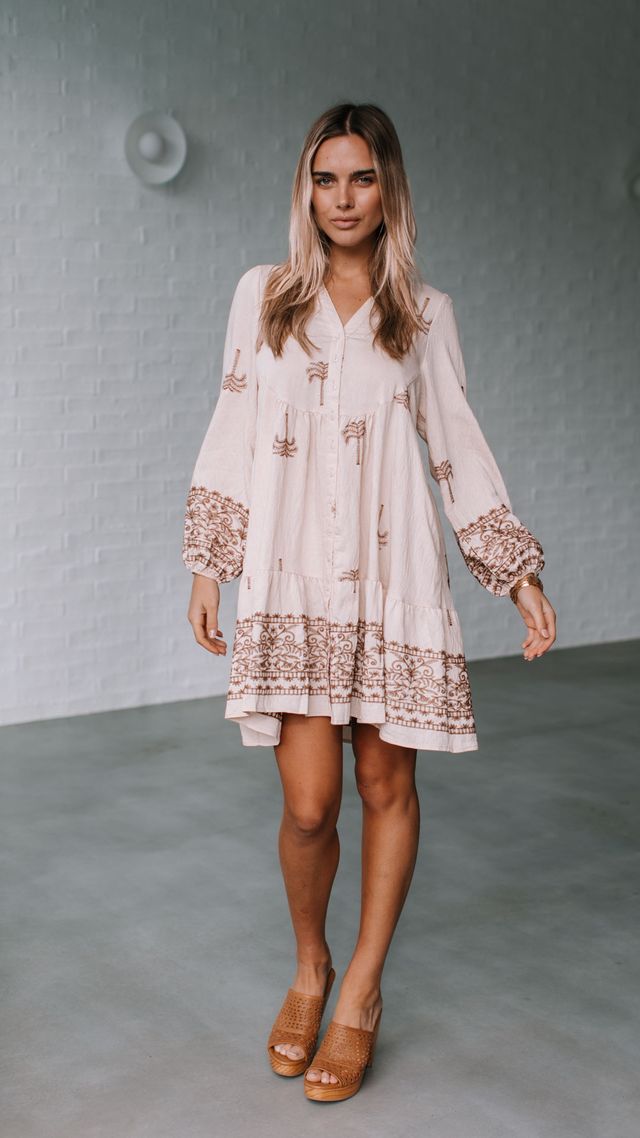 Embroidered Palm Tree Design Balloon sleeve Dress - Latte /Black