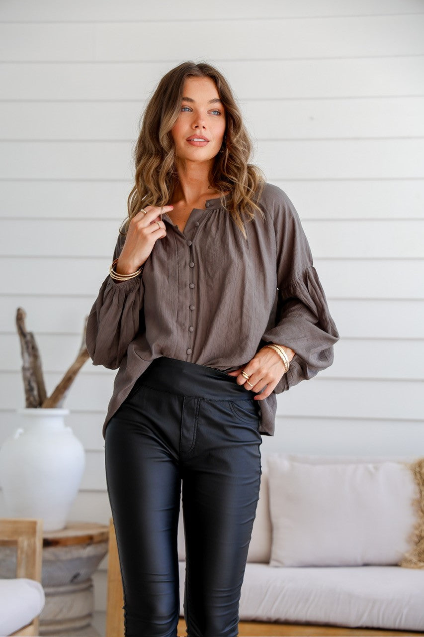 Dream House button up top in Khaki featuring balloon sleeve