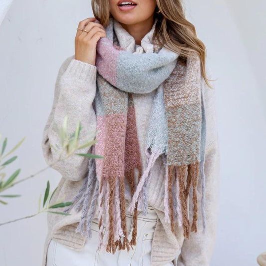 Love Stitch Chunky Soft Check Scarf with Tassels and colours of Pink, Mocha, Camel and Grey